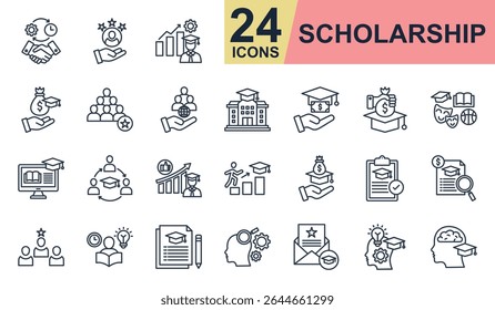 Ícones de bolsa de estudos definem ilustração vetorial. Contendo dedicação, universidade, matrícula, dotação, estudo e muito mais. Coleção de ícones de linha simples.