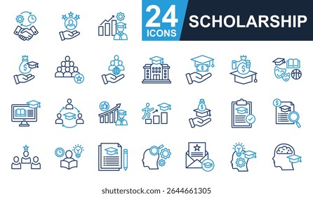 Ícones de bolsa de estudos definem ilustração vetorial. Contendo dedicação, universidade, matrícula, dotação, estudo e muito mais. Coleção de ícones de cores de linha simples.