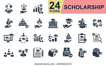 Ícones de bolsa de estudos definem ilustração vetorial. Contendo dedicação, universidade, matrícula, dotação, estudo e muito mais. Coleção de ícones de glifo simples.