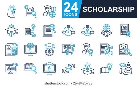 Ícones de bolsa de estudos definem ilustração vetorial. Contendo pensamento criativo, experiência, inovador, dedicação, dotação e muito mais. Coleção de ícones de cores de linha simples.