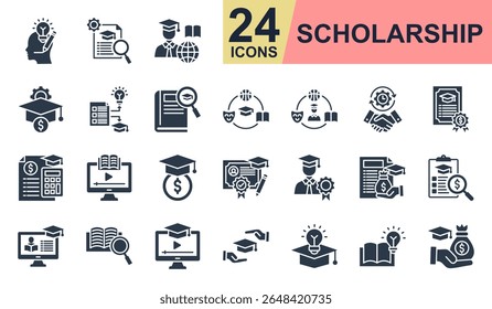 Ícones de bolsa de estudos definem ilustração vetorial. Contendo pensamento criativo, experiência, inovador, dedicação, dotação e muito mais. Coleção de ícones de glifo simples.