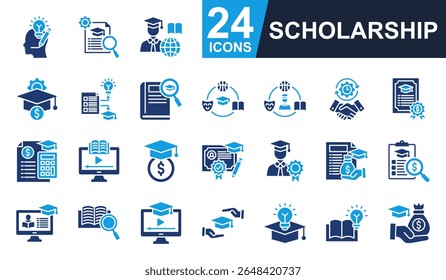 Ícones de bolsa de estudos definem ilustração vetorial. Contendo pensamento criativo, experiência, inovador, dedicação, dotação e muito mais. Coleção simples de ícones sólidos.