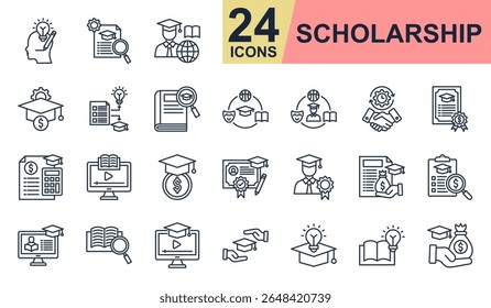 Ícones de bolsa de estudos definem ilustração vetorial. Contendo pensamento criativo, experiência, inovador, dedicação, dotação e muito mais. Coleção de ícones de linha simples.