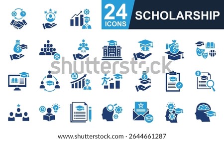 Scholarship Icons set vector illustration. Containing dedication, university, tuition, endowment, studying and more. Simple solid icons collection.