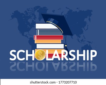 Scholarship for international students, master, PhD, flat vector concept. Text at  stack of books, graduate hat, dollar coin, world map. For landing page, template, ui, web, mobile app, poster, banner