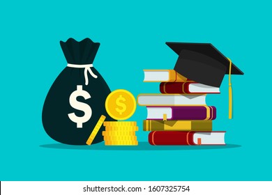 Scholarship for knowledge. Investment in education of student. Hat on stack of books and money for tuition. Study fee. Concept of loan for bachelor of college. Academic degree. Design flat vector