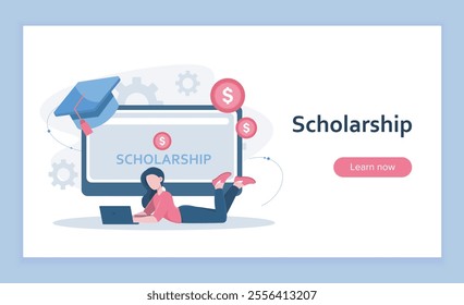 Scholarship landing page. Woman with laptop near computer with graduation cap. Knowledge and information. Remote education and learning. Flat vector illustration isolated on blue background