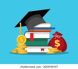 Scholarship Loan. Expensive Students School Vector Concept, Money And Tuition, Graduation Bank Debt Fee, Knowledge Investing, Academic Cap And Books And Cost Budget Illustration