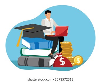 Scholarship loan. Expensive students school concept. money and tuition, graduation bank debt fee, knowledge investing, academic cap and books and cost budget. Flat vector modern illustration 