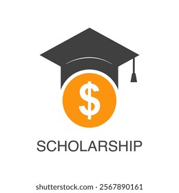 Scholarship logo. Diploma and graduation hat with dollar symbol. Education financial support icon vector illustration.