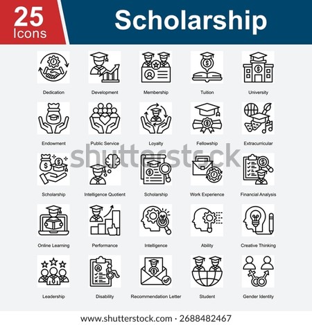 Scholarship represents icons focused on educational support, academic achievements, and opportunities for students, including financial aid, development programs, extracurricular activities.
