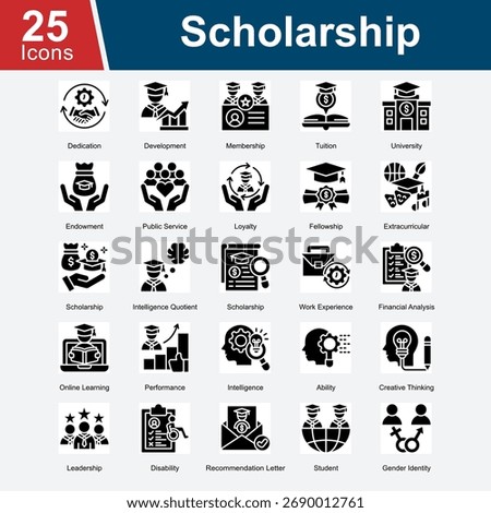 Scholarship represents icons focused on educational support, academic achievements, and opportunities for students, including financial aid, development programs, extracurricular activities.