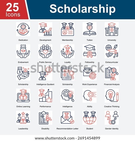 Scholarship represents icons focused on educational support, academic achievements, and opportunities for students, including financial aid, development programs, extracurricular activities.