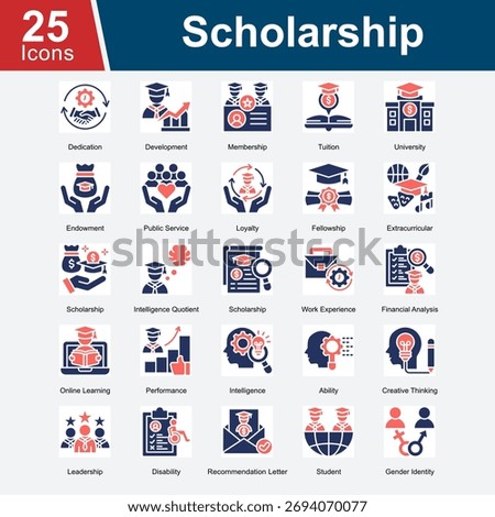 Scholarship represents icons focused on educational support, academic achievements, and opportunities for students, including financial aid, development programs, extracurricular activities.