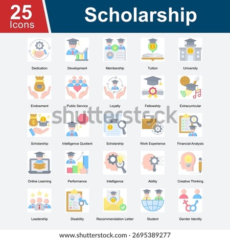 Scholarship represents icons focused on educational support, academic achievements, and opportunities for students, including financial aid, development programs, extracurricular activities.
