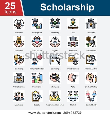 Scholarship represents icons focused on educational support, academic achievements, and opportunities for students, including financial aid, development programs, extracurricular activities.