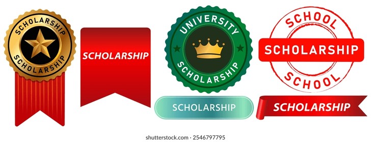 Scholarship school college university study learning financial help for student stamp red green badges emblem sticker label banner ribbon design icon set collection