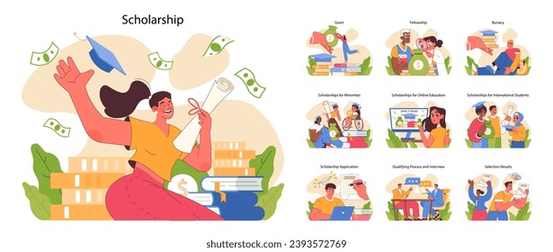 Scholarship set. Celebrating academic achievements and financial aid for students. From applications to awards. Education support across demographics. Help from government. Flat vector illustration