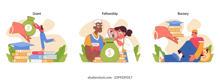 Scholarship types set. Exploring various financial aid forms for scholars and students. Grant, fellowship, and bursary differences. Educational investment for bright futures. Flat vector illustration