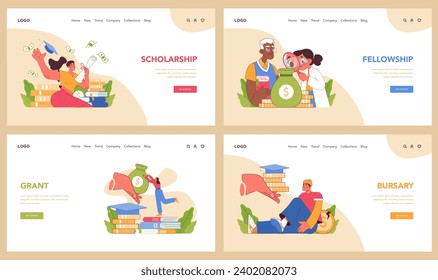 Scholarship types set. Exploring various financial aid forms for scholars and students. Grant, fellowship, and bursary differences. Educational investment for bright futures. Flat vector illustration