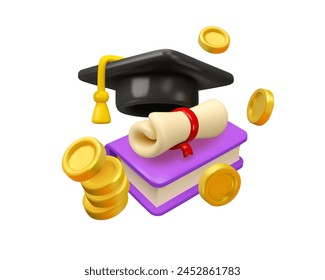 Icono de Vector de becas 3d. Ilustración de préstamo estudiantil. Inversión en el concepto de educación y conocimiento. Concepto de curso financiero y contable