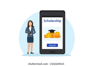 Scholarship Vector Concept. Businesswoman Using A Cellphone To Search Scholarship While Standing In The Studio