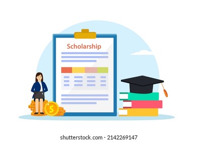 Scholarship vector concept. Female college student using a laptop while sitting near the scholarship form with graduation hat