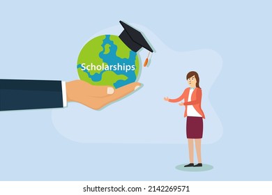 Scholarship vector concept. Hand giving a globe with scholarships word for female college student