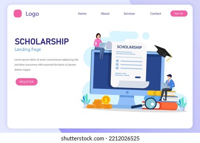 Concepto de vector de becas. Estudiante en laptop solicitando una beca.
