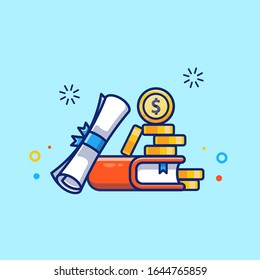 Scholarship Vector Icon Illustration. Diploma, Book, And Money. Education Icon Concept White Isolated. Flat Cartoon Style Suitable for Web Landing Page, Banner, Flyer, Sticker, Card, Background