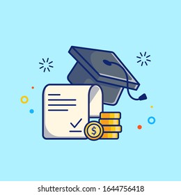 Ilustración de icono del vector de becas. Tapón de graduación, Monedas, Diploma. Icono de educación Concepto blanco aislado. Estilo de caricatura plano adecuado para la página de aterrizaje web, banner, volante, adhesivo, tarjeta, fondo