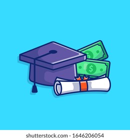 Scholarship Vector Icon Illustration. Graduation Cap, Money, Diploma. Education Icon Concept White Isolated. Flat Cartoon Style Suitable for Web Landing Page, Banner, Flyer, Sticker, Card, Background