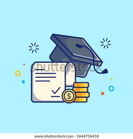 Scholarship Vector Icon Illustration. Graduation Cap, Coins, Diploma. Education Icon Concept White Isolated. Flat Cartoon Style Suitable for Web Landing Page, Banner, Flyer, Sticker, Card, Background
