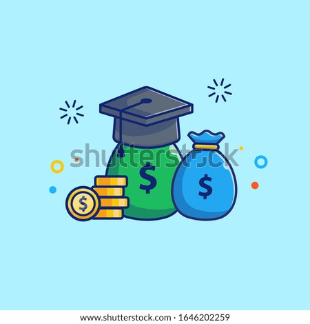 Scholarship Vector Icon Illustration. Graduation Cap And Money Bag. Education Icon Concept White Isolated. Flat Cartoon Style Suitable for Web Landing Page, Banner, Flyer, Sticker, Card, Background