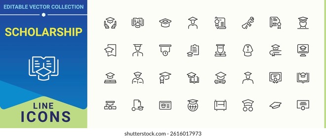 Scholarship vector icon set. Containing academic, college, university, bachelor, learning, graduate and more. Graduation line icon set. Vector outline icons collection. Vector illustration.
