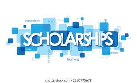 Banner de tipografía de vector azul SCHOLARSHIPS con palabras clave