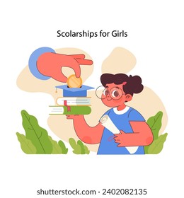 Concepto de becas para niñas. Una chica estudiosa, ansiosa por aprender, recibe ayuda financiera simbolizada por una moneda en su pila de libros, enfatizando la educación de las niñas. Ilustración vectorial plana