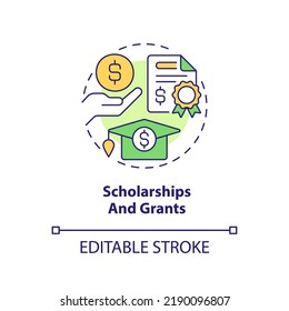 Scholarships And Grants Concept Icon. Financial Aid For Education Abstract Idea Thin Line Illustration. Isolated Outline Drawing. Editable Stroke. Arial, Myriad Pro-Bold Fonts Used