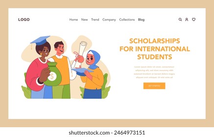 Scholarships for international students concept. Global learners share joy over educational funding, bridging cultures. Financial aid for learners from different countries. Flat vector illustration