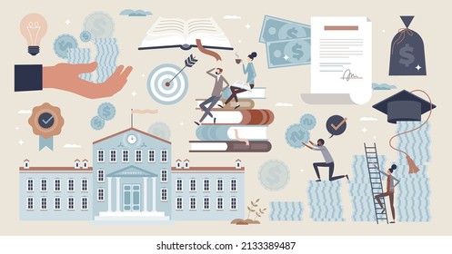 Scholarships set with financial education elements tiny person collection. University costs coverage to help students with expenses vector illustration. Isolated items or mini scenes with school costs