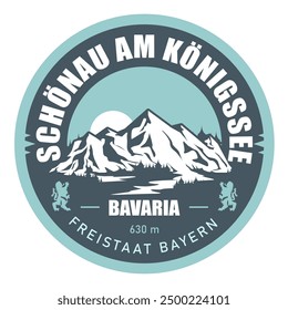 Schonau am Königssee Ferienort Stempel, Bayerische Alpen, Deutschland Name, Emblem mit verschneiten Bergen, Vektorgrafik