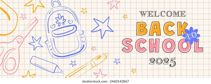 School 2025. Bright grid background with school elements. Welcome back to school. School supplies. Pencil, pen, marker, scissors, backpack, pear, and stars. Modern educational banner