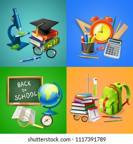 School 2x2 design concept with pupil backpack globe blackboard school supplies microscope and master hat realistic vector illustration 