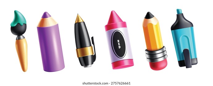 School 3d elements clipart set. 3d School supplies and art materials cute clip art elements like paint brush, color pencil, crayon, marker and pen collection in white background vector illustration. 
