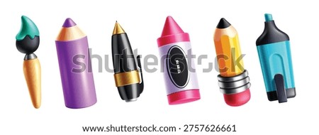 School 3d elements clipart set. 3d School supplies and art materials cute clip art elements like paint brush, color pencil, crayon, marker and pen collection in white background vector illustration. 
