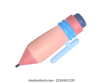 School 3d icon. Volumetric pen or automatic pencil for writing. Colorful badge in plasticine realism style for sites. Education and supplies concept. Vector illustration isolated on white background