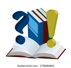 School 3D illustration, icon. Open and closed isometric books with question and exclamation marks. Template or layout for design. Isolated vector on white background