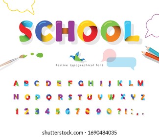 School 3d puzzle font. Cartoon paper cut out ABC letters and numbers. Colorful alphabet for kids. For web, education, comic design. Vector illustration