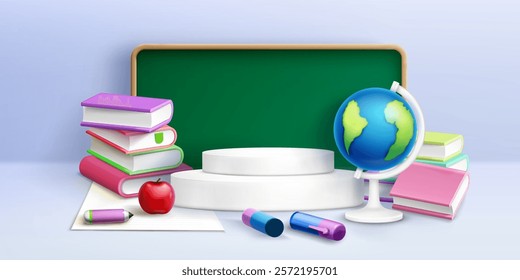 School 3D scene with circular white podium, stacked educational books, bright red apple, globe model, colorful markers and pens, green chalkboard and learning materials for learning presentation.