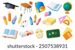 School 3d tools. Isolated elements of kindergarten college art workshop. Backpack brush colored pencil and paints palette, render pithy vector icons